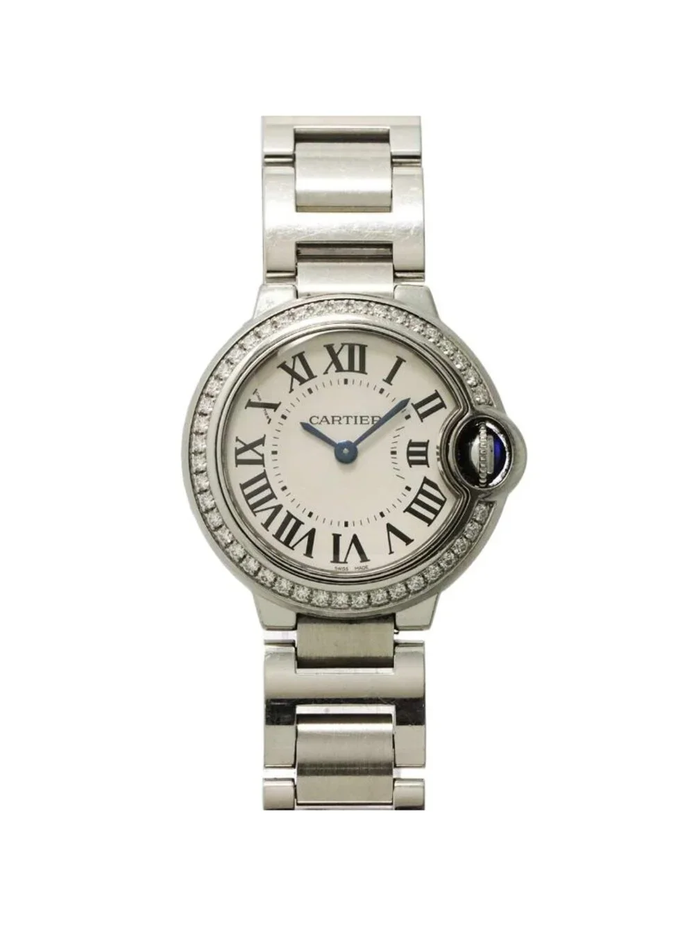 Cartier Ballon Blue 28 Watch Diamond Bezel Silver Quartz